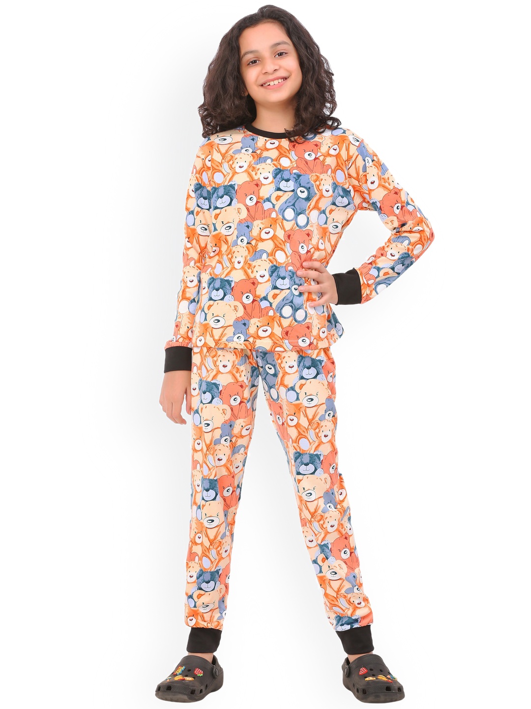 

Ninos Dreams Girls Printed Pure Cotton T-shirt with Pyjamas, Orange