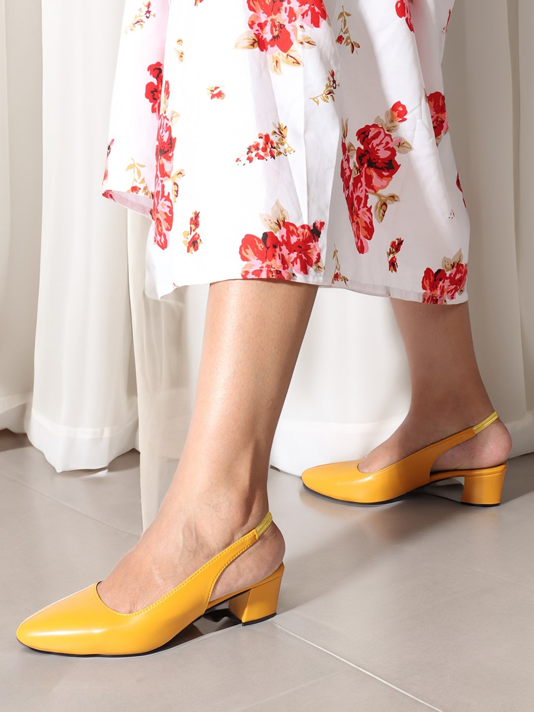 

ELLE Pointed Toe Block Heel Pumps, Mustard