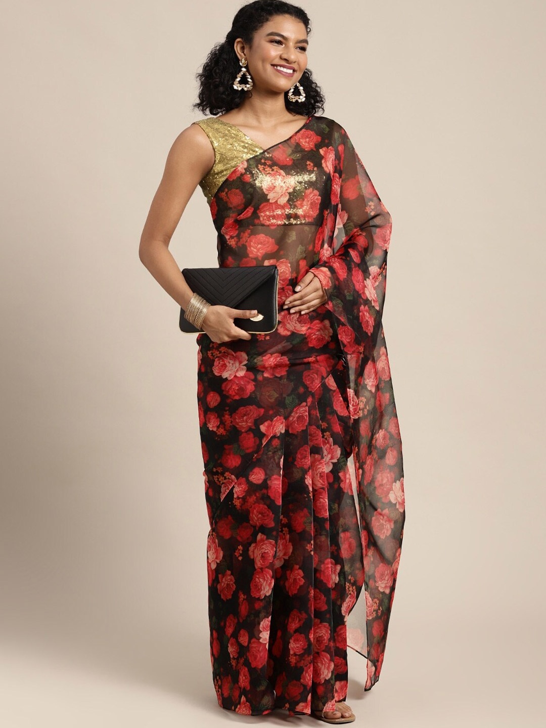 

Ethnovog Floral Printed Organza Saree, Brown
