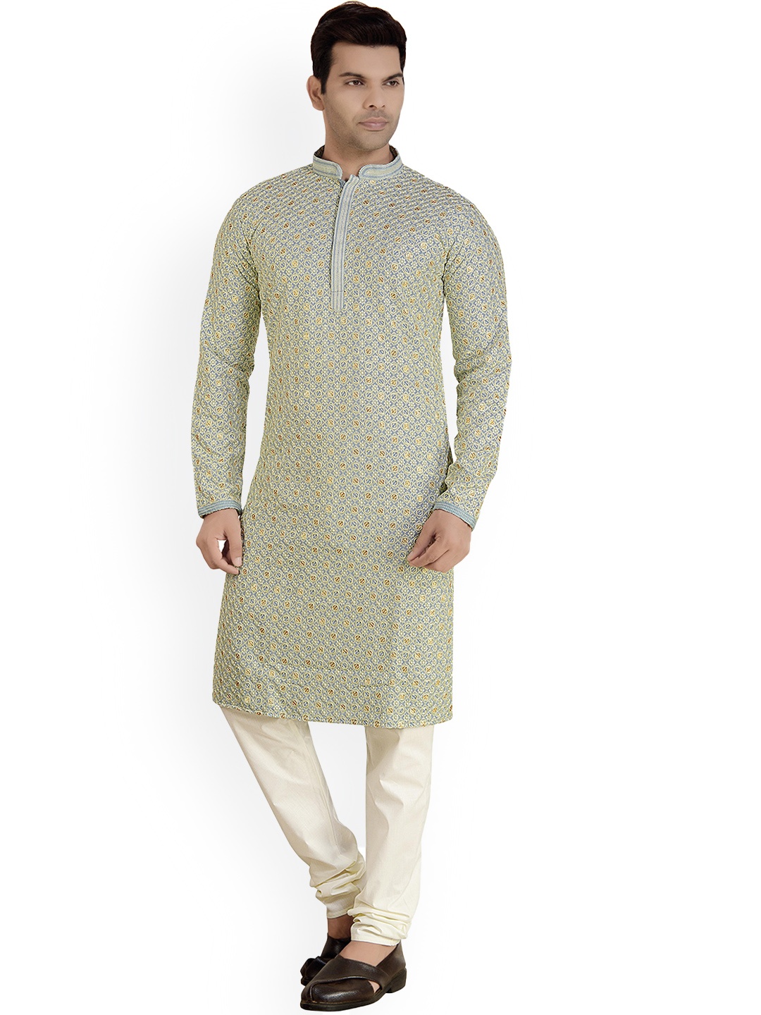 

ARRUGA Floral Embroidered Mandarin Collar Straight Kurta With Pyjamas, Grey