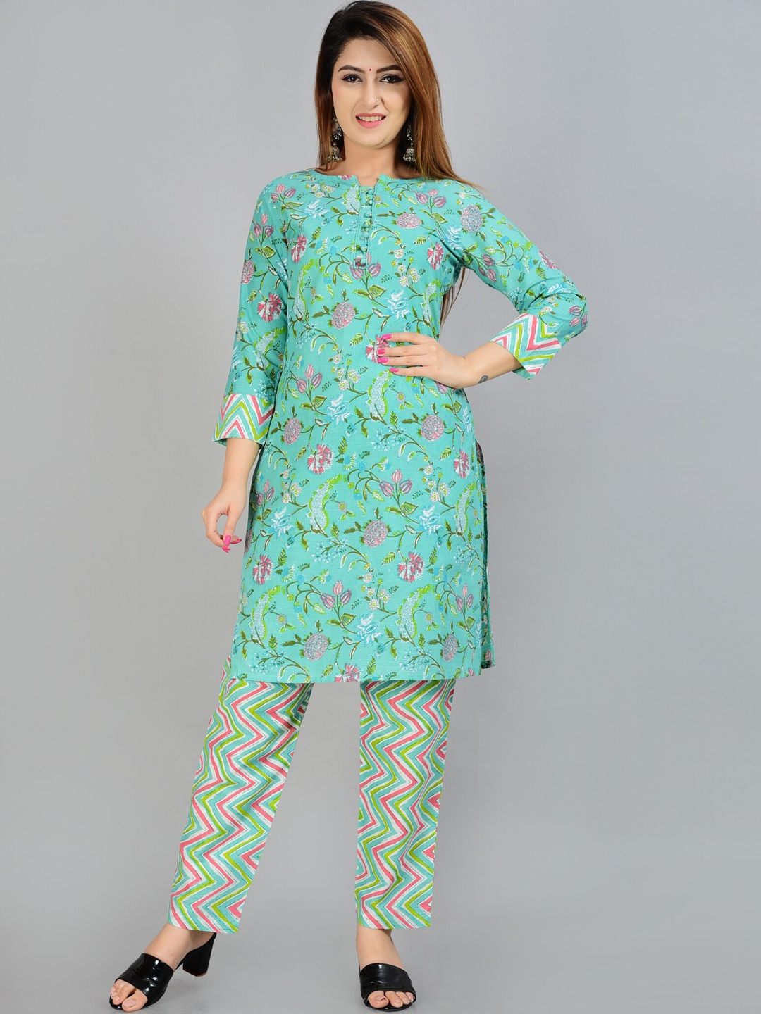 

TREND ME Floral Printed Pure Cotton kurta with Trousers, Blue