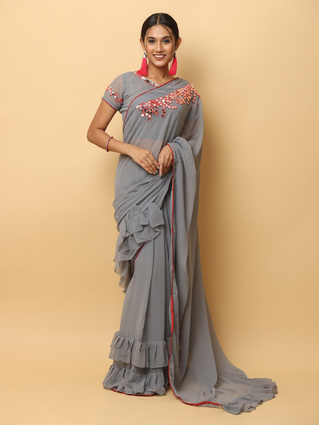 

VASTRANAND Embroidered Mirror Work Ruffled Saree, Grey