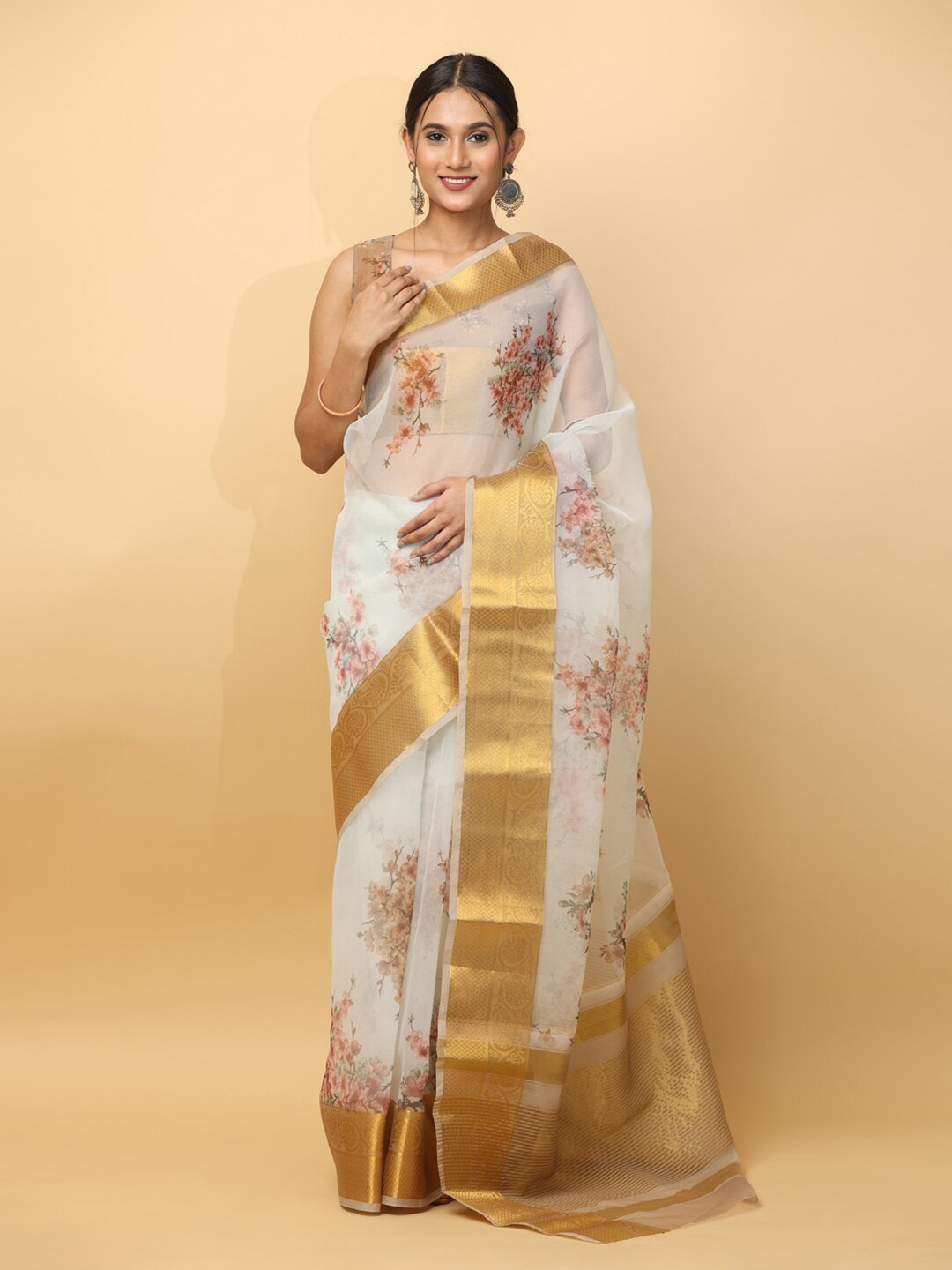

VASTRANAND Floral Printed Zari Detailed Organza Saree, White