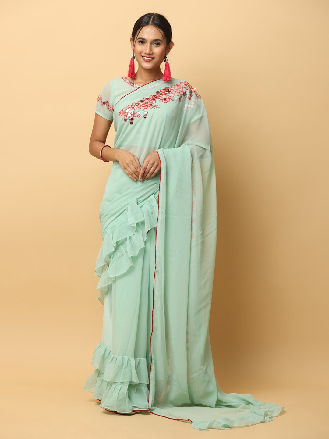 

VASTRANAND Mirror Work Ruffles Saree, Teal