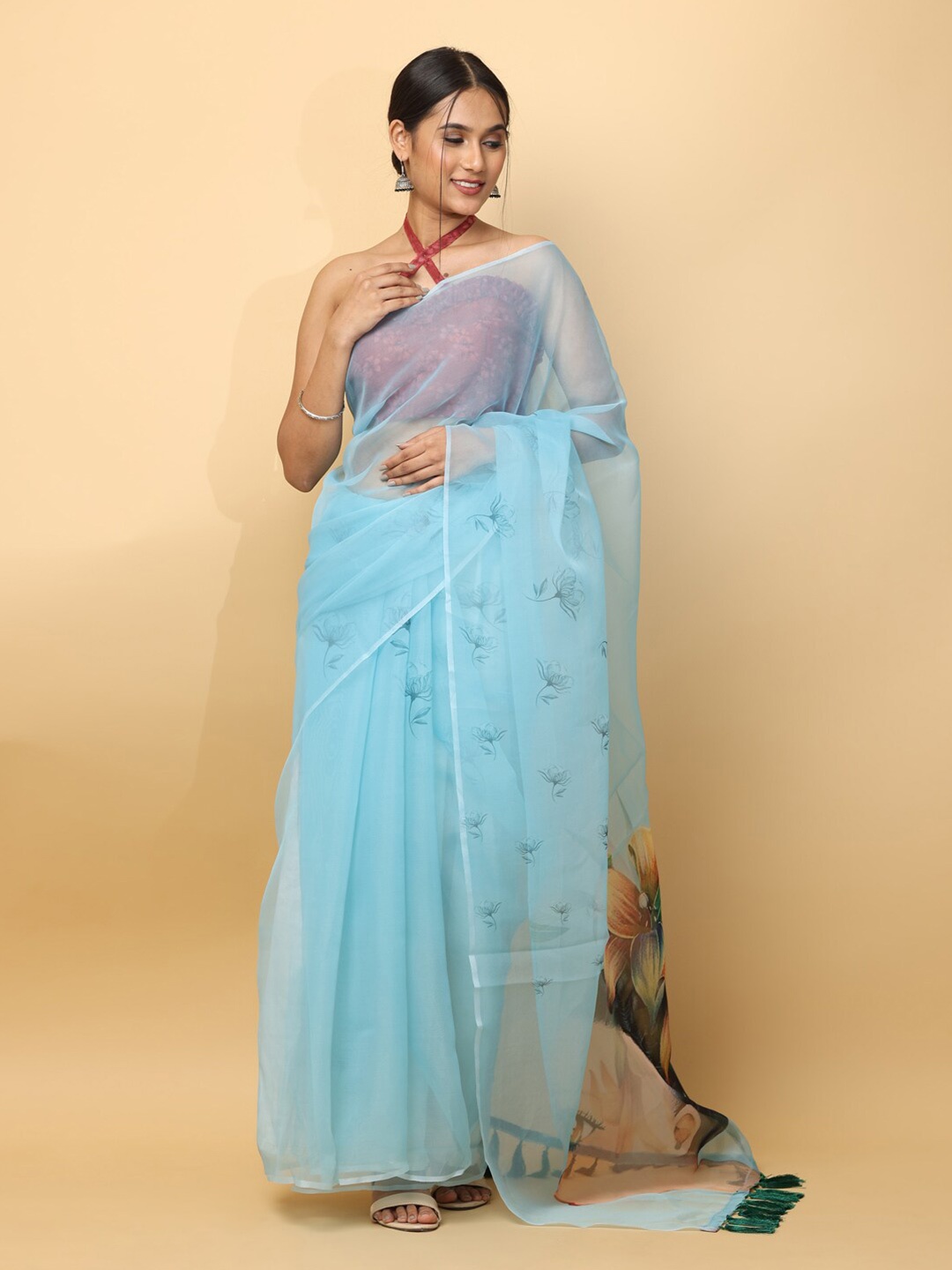 

VASTRANAND Floral Printed Organza Saree, Blue