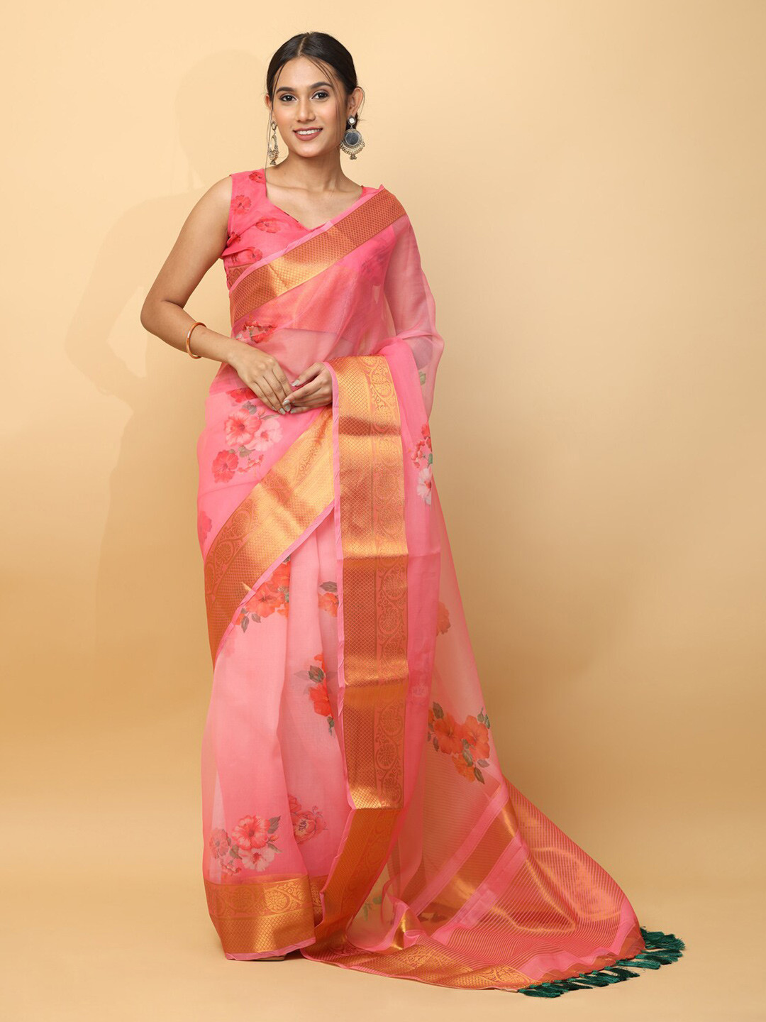 

VASTRANAND Floral Printed Organza Saree, Pink
