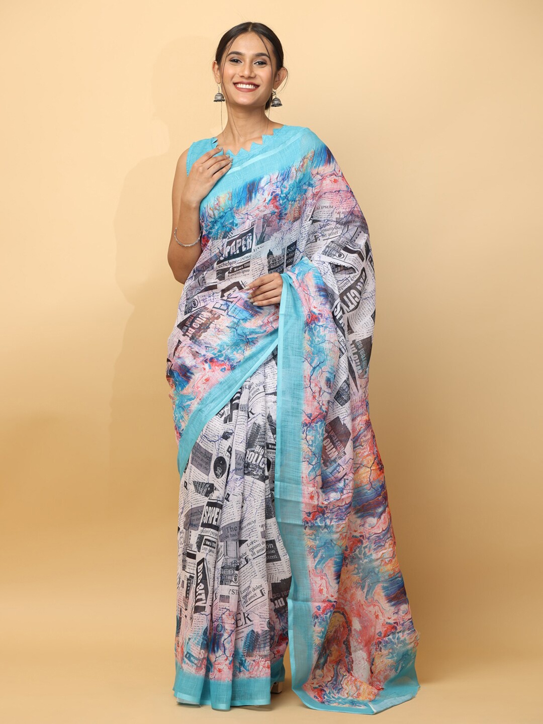 

VASTRANAND News Paper Printed Saree, Blue
