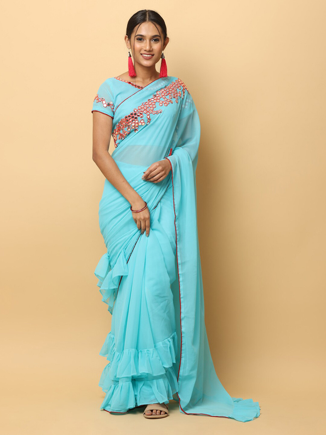

VASTRANAND Mirror Work Ruffle Saree, Blue