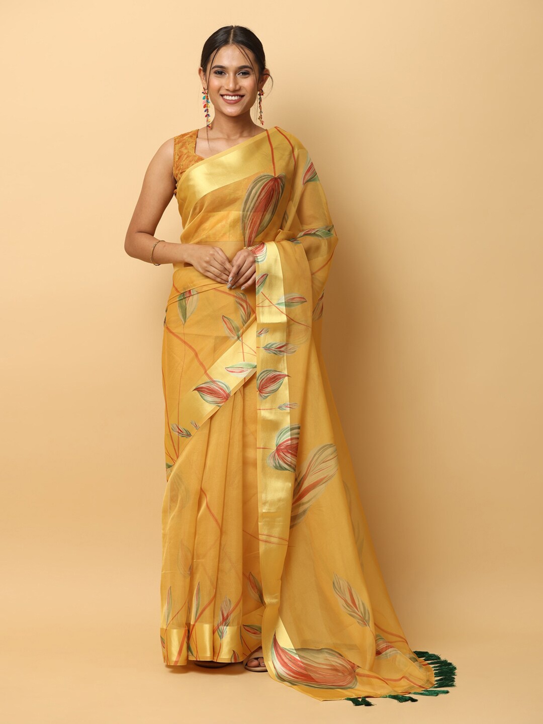 

VASTRANAND Floral Printed Zari Organza Saree, Yellow