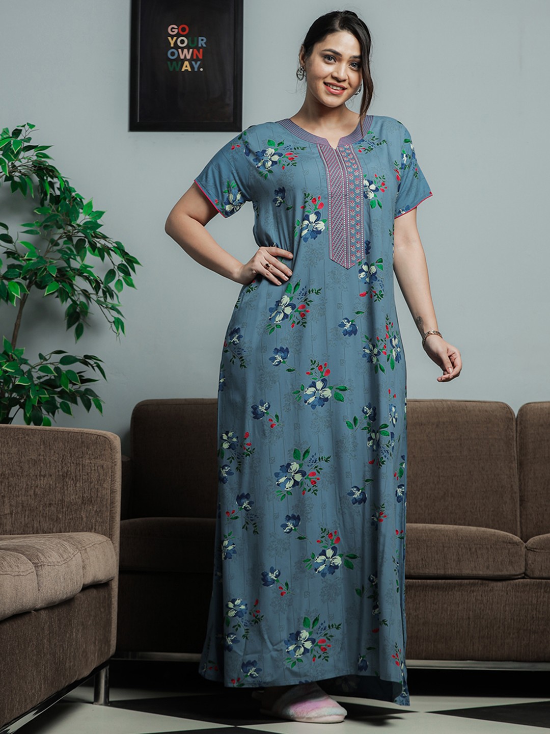 

9shines Label Floral Printed Maxi Nightdress, Blue
