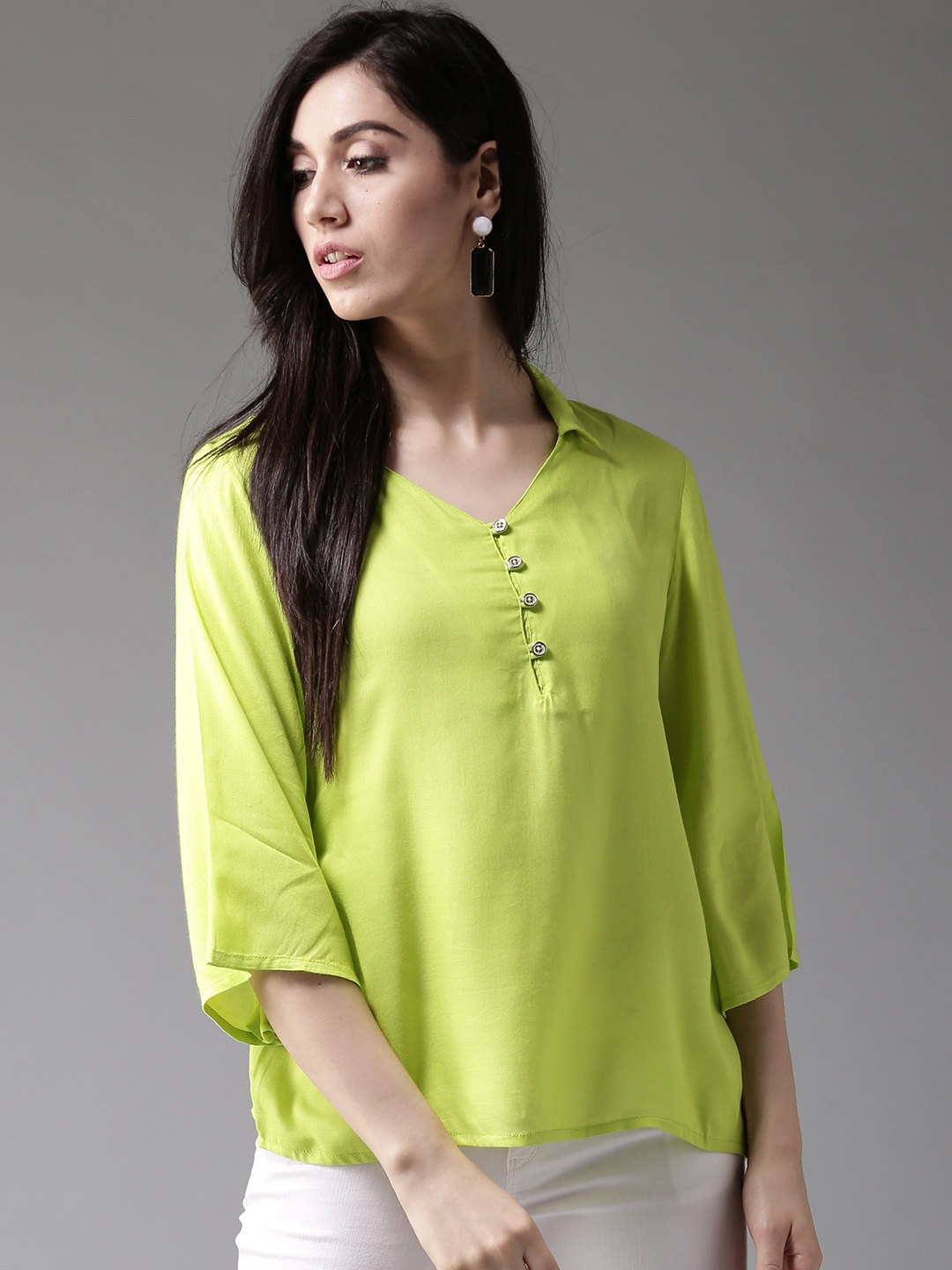 

HERE&NOW Women Fluorescent Green Solid Shirt Style Top