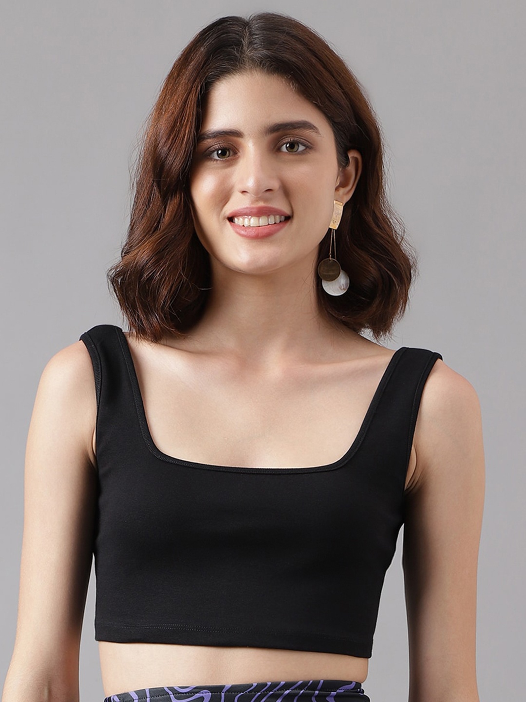 

I Love She Cotton Square Neck Sleeveless Fitted Crop Top, Black