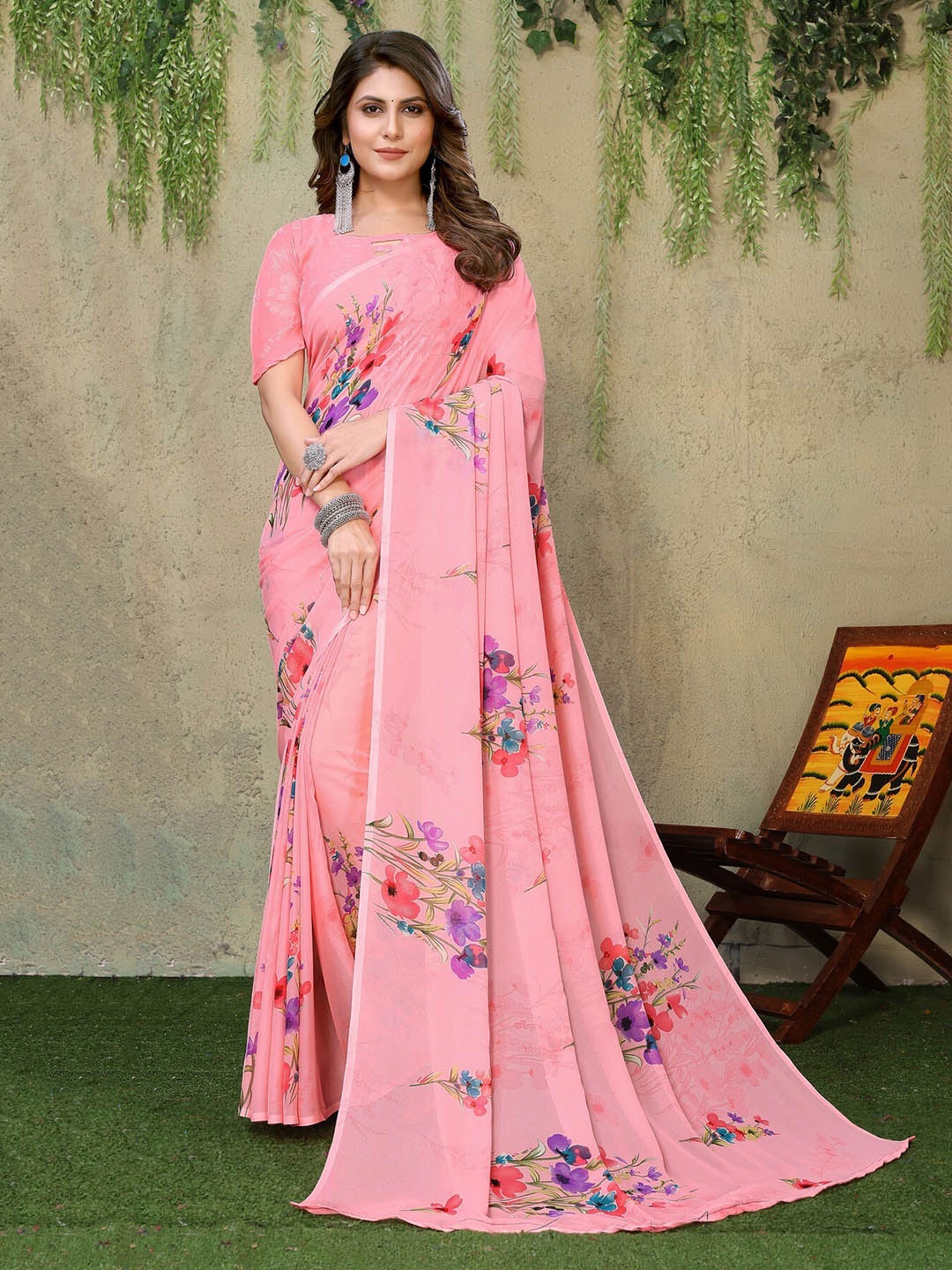 

Yashika Floral Printed Poly Georgette Saree, Pink