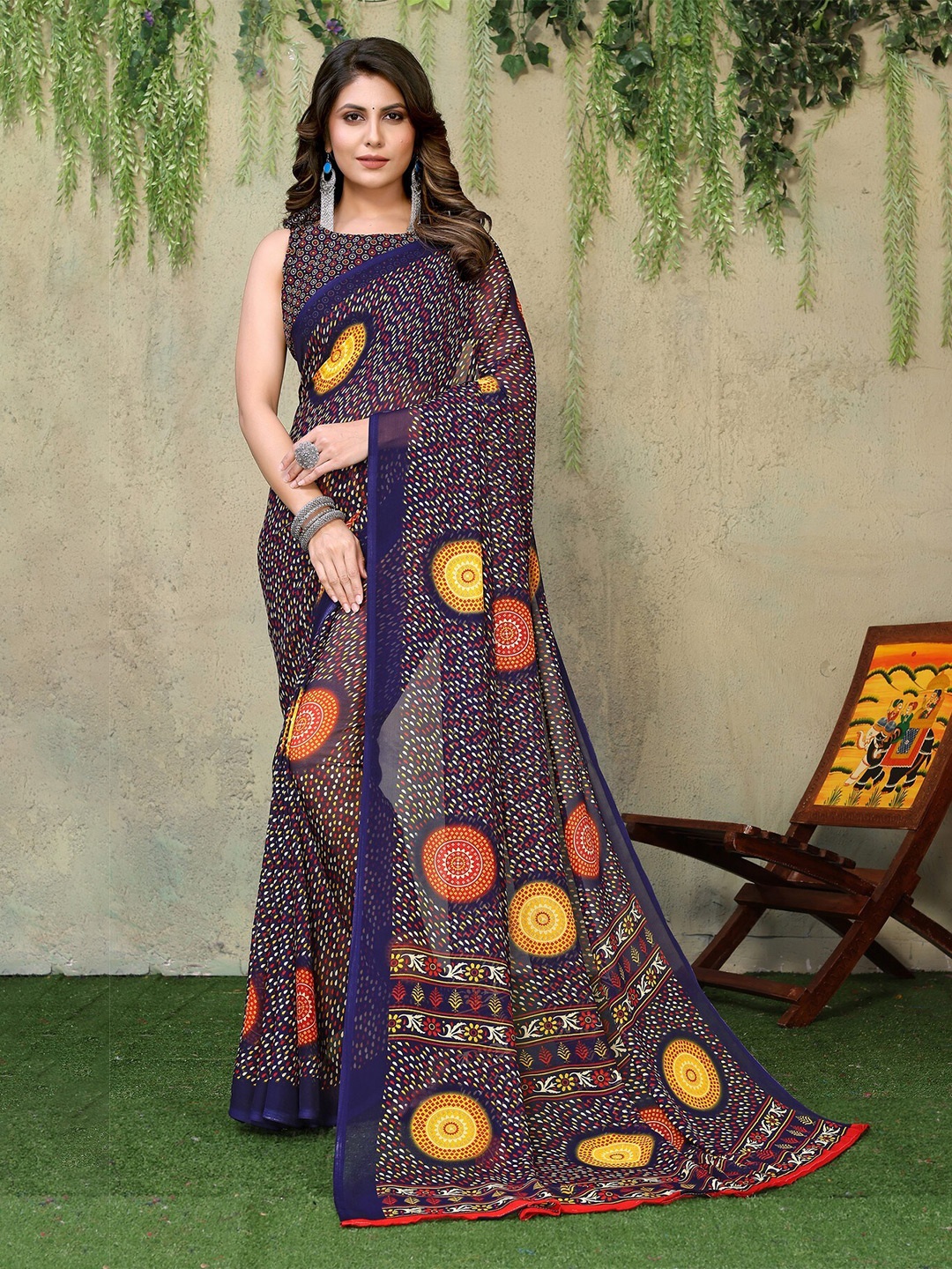 

Yashika Ethnic Motifs Printed Poly Georgette Saree, Navy blue