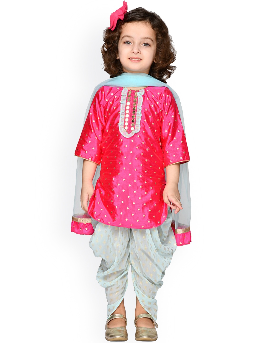 

SAKA DESIGNS Girls Ethnic Motifs Printed Sequinned Kurta With Dhoti Pants & Dupatta, Fuchsia