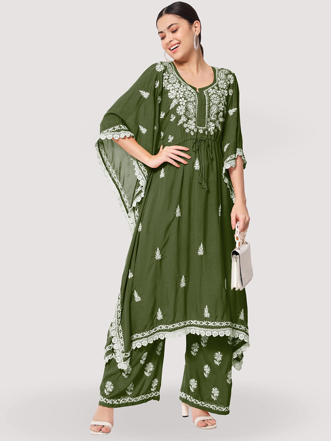

Ethnava Ethnic Motifs Embroidered Chikankari Pure Cotton Kaftan Kurta With Palazzos, Green