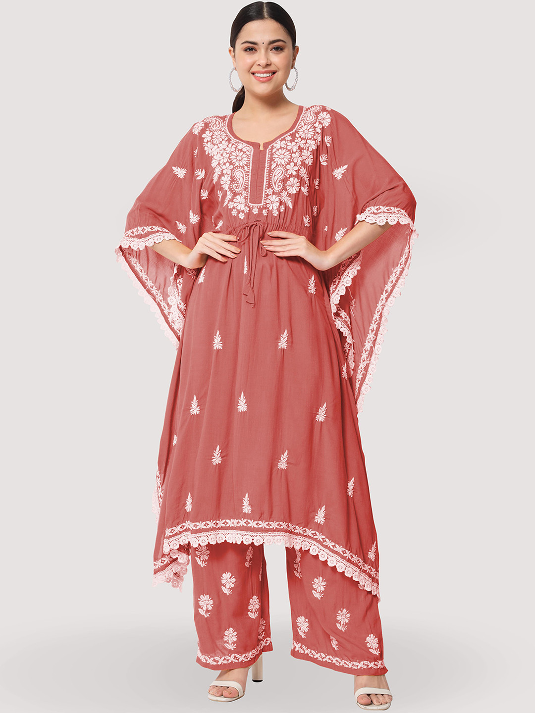 

Ethnava Ethnic Motifs Embroidered Chikankari Pure Cotton Kaftan Kurta With Palazzos, Rust