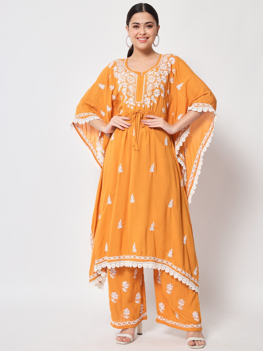 

Ethnava Ethnic Motifs Embroidered Chikankari Pure Cotton Kaftan Kurta With Palazzos, Mustard