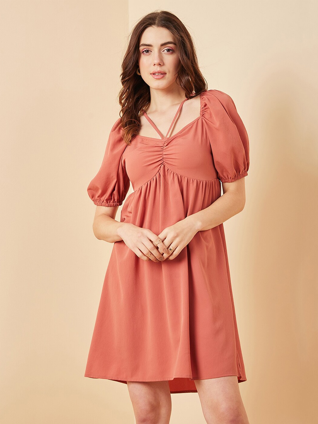 

Carlton London Sweetheart Neck Puff Sleeve Gathered Empire Dress, Pink