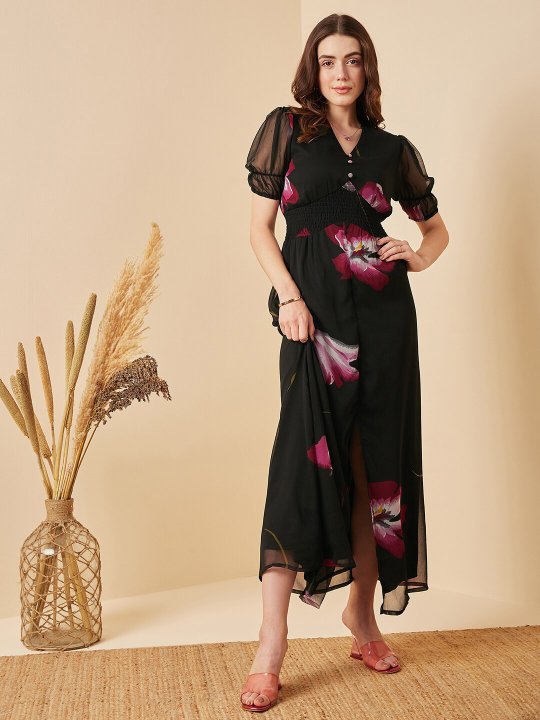 

Carlton London Floral Printed V-Neck Puff Sleeve Smocked Georgette Empire Dress, Black