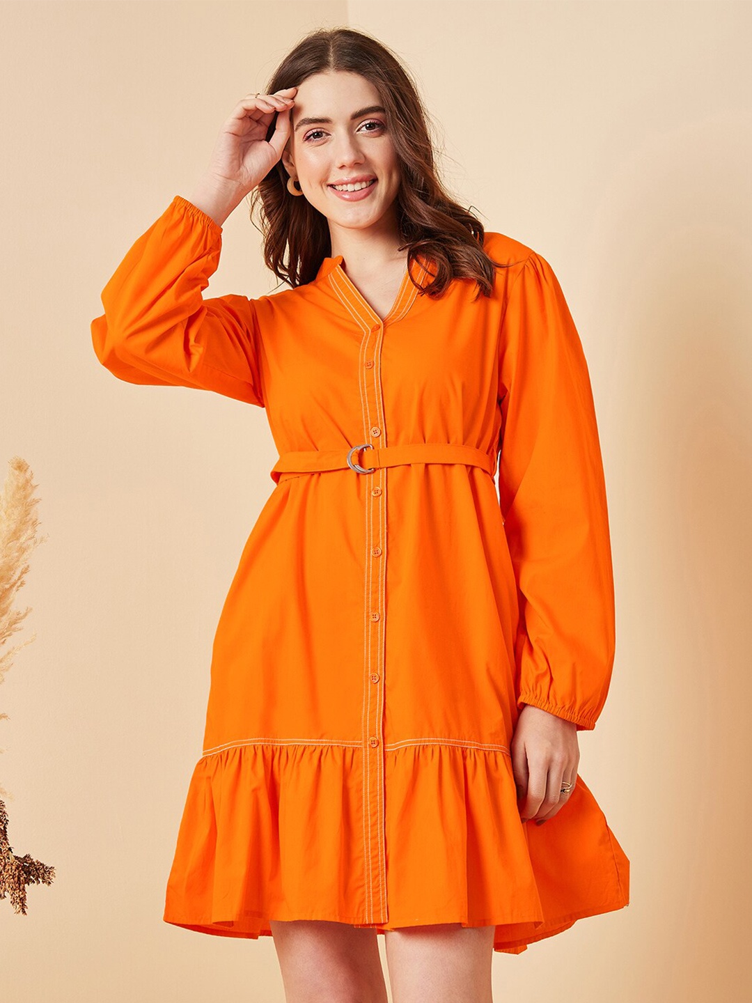 

Carlton London Mandarin Collar Puff Sleeve Cotton Belted Shirt Dress, Orange