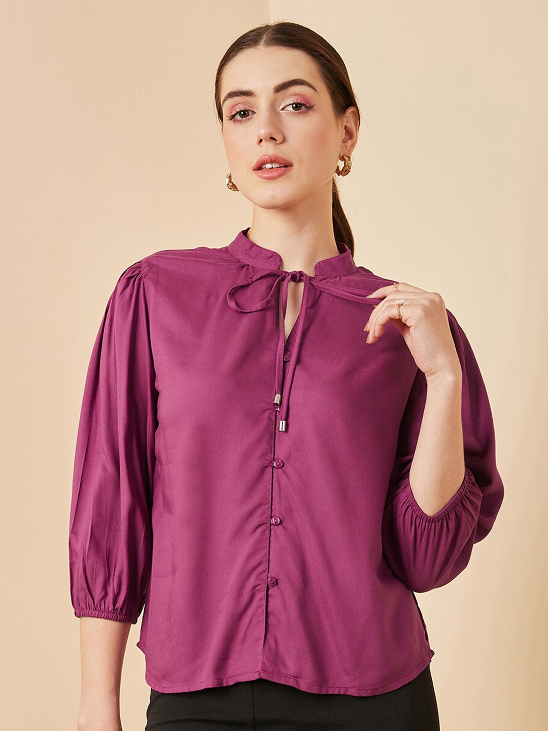 

Carlton London Tie-Up Neck Puff Sleeve Shirt Style Top, Purple