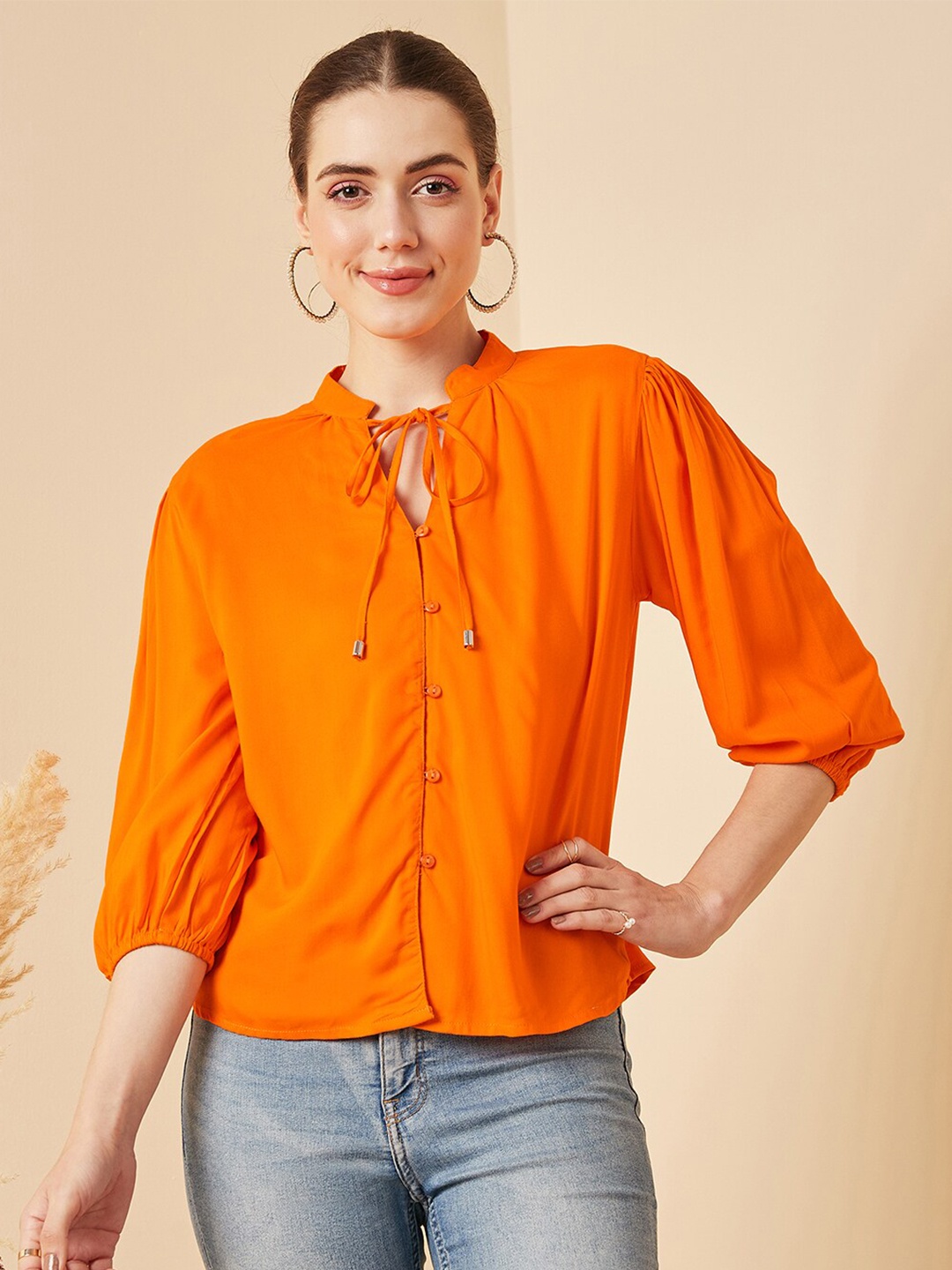 

Carlton London Tie-Up Neck Puff Sleeve Shirt Style Top, Orange