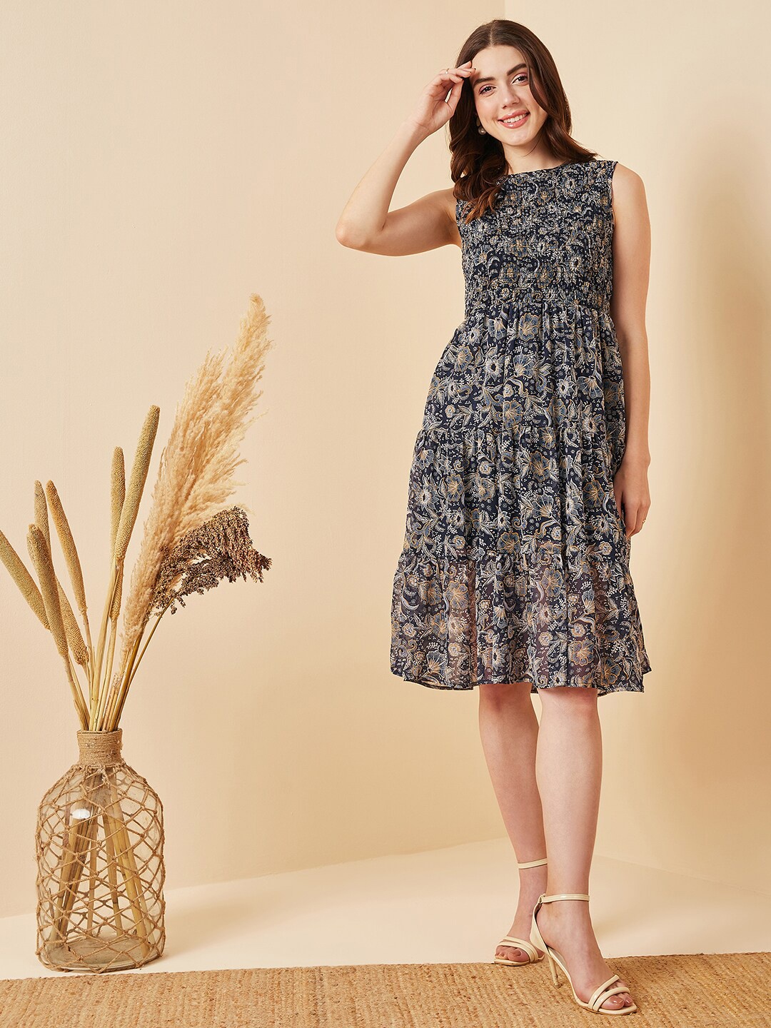 

Carlton London Floral Printed Smocked Chiffon Fit & Flare Dress, Navy blue