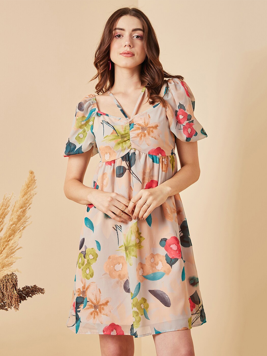 

Carlton London Floral Printed V-Neck Puff Sleeves Fit & Flare Dress, Beige