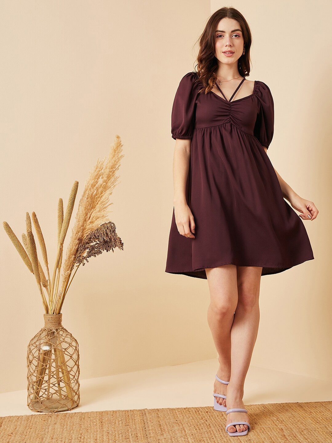 

Carlton London V-Neck Puff Sleeve Fit & Flare Dress, Burgundy