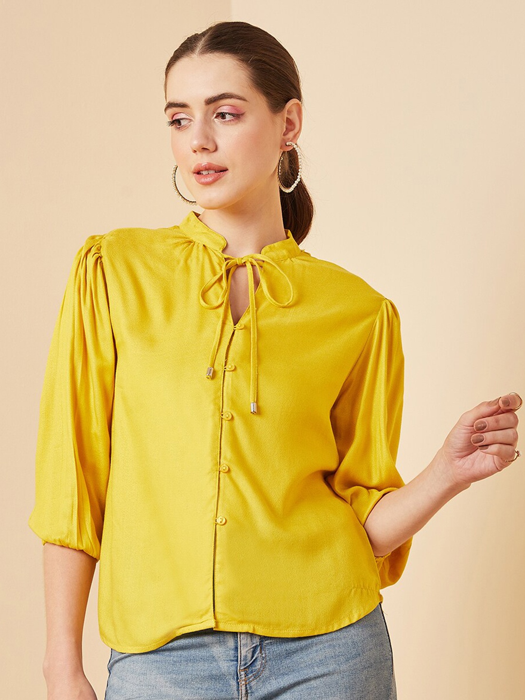 

Carlton London Tie-Up Neck Puff Sleeve Shirt Style Top, Yellow