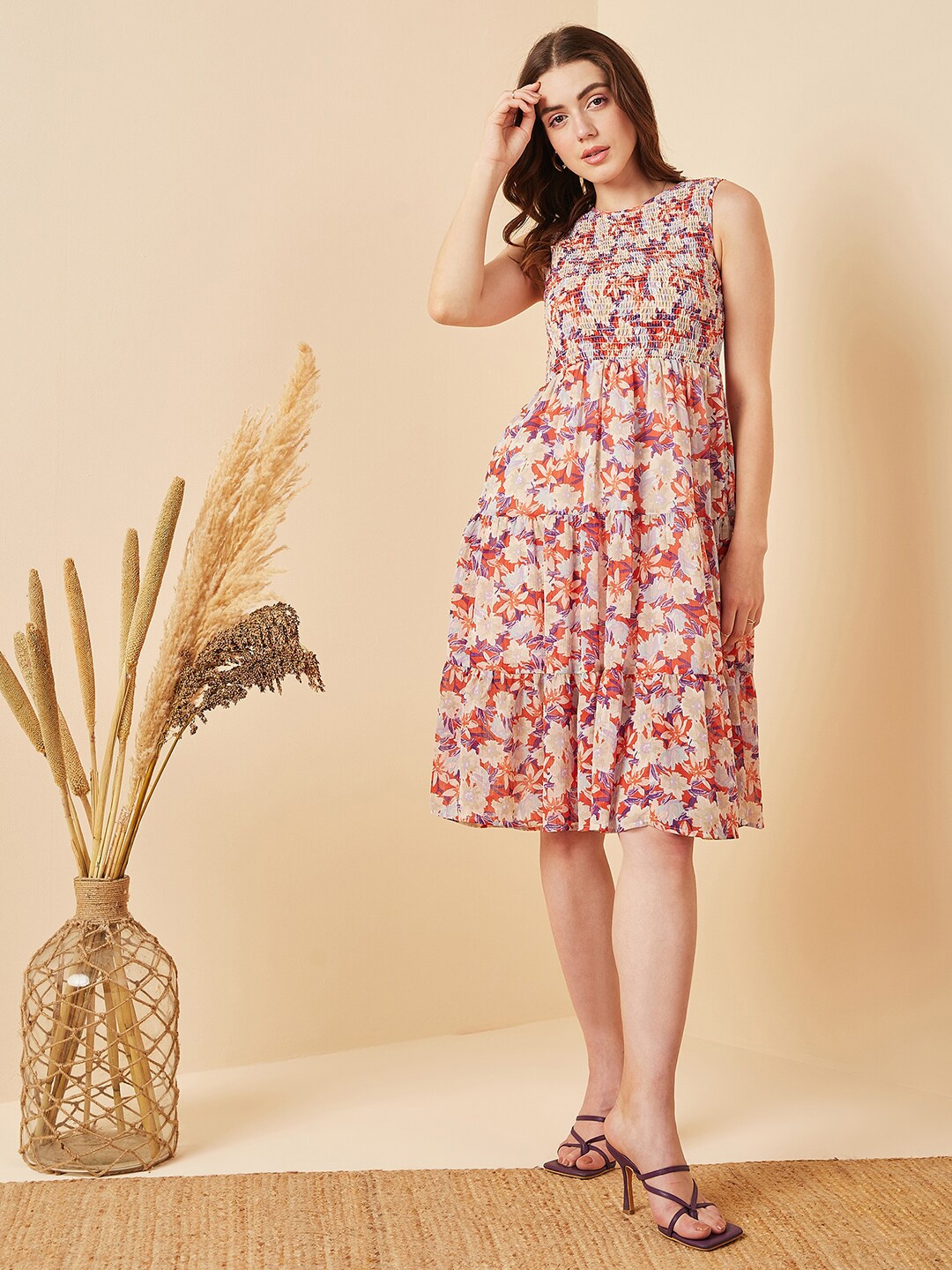 

Carlton London Floral Printed Smocked Fit & Flare Dress, Red