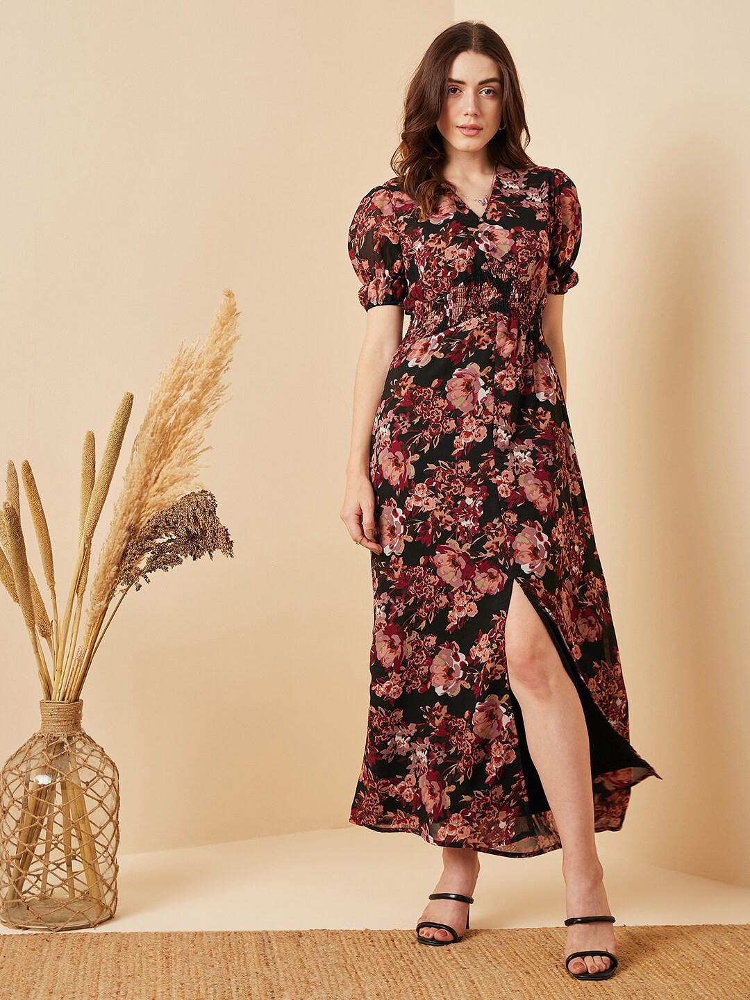 

Carlton London Floral Print Puff Sleeve Smocked Maxi Dress, Black