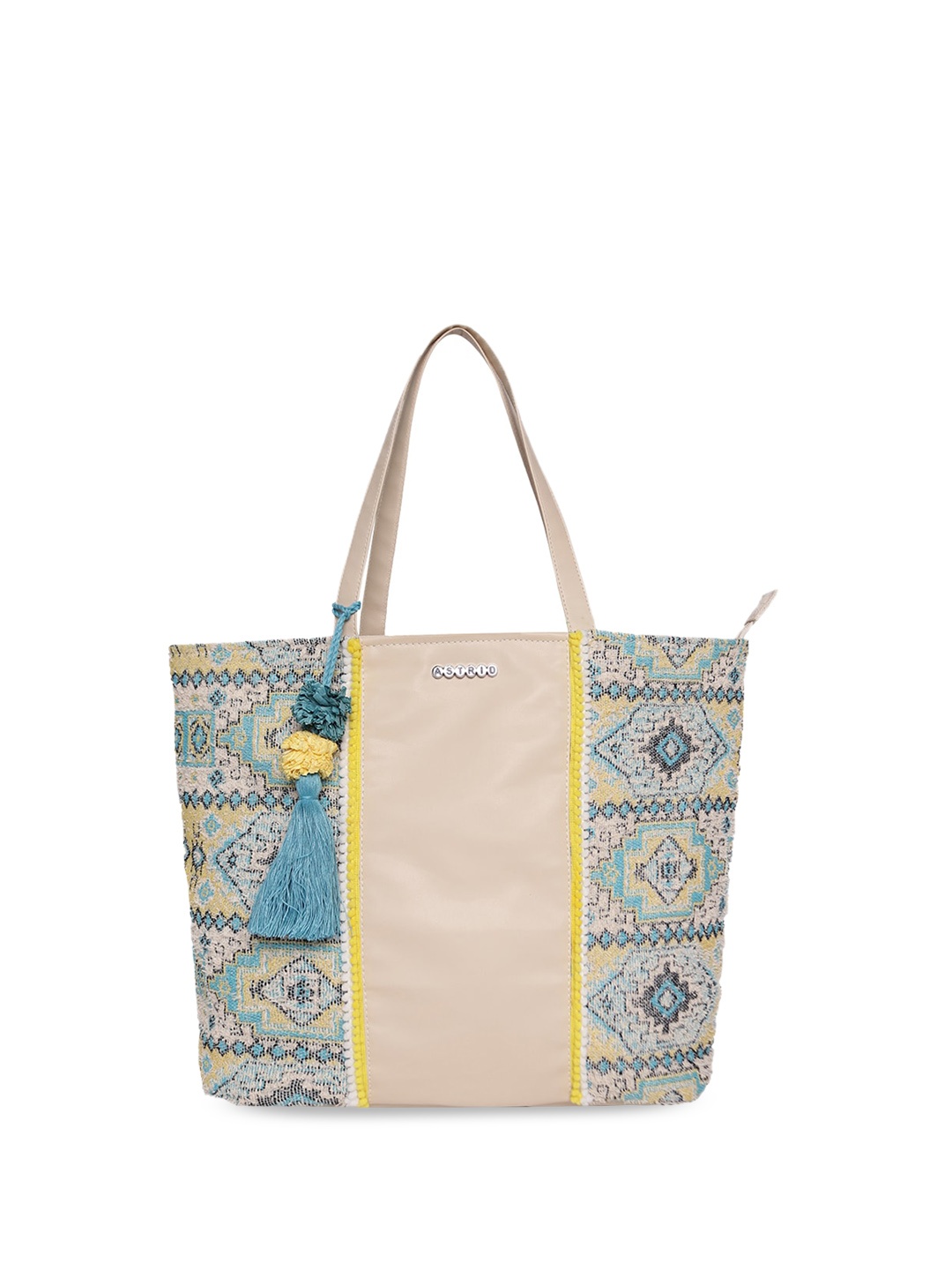 

ASTRID Ethnic Motifs Shopper Tote Bag with Tasselled, Blue