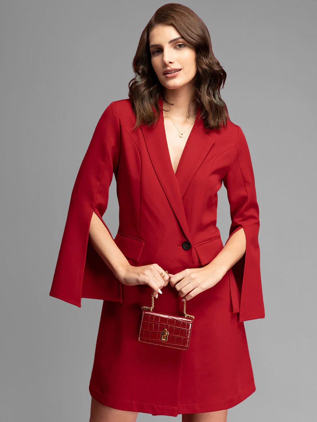 

Selvia V-Neck Slit Sleeves A-Line Dress, Red