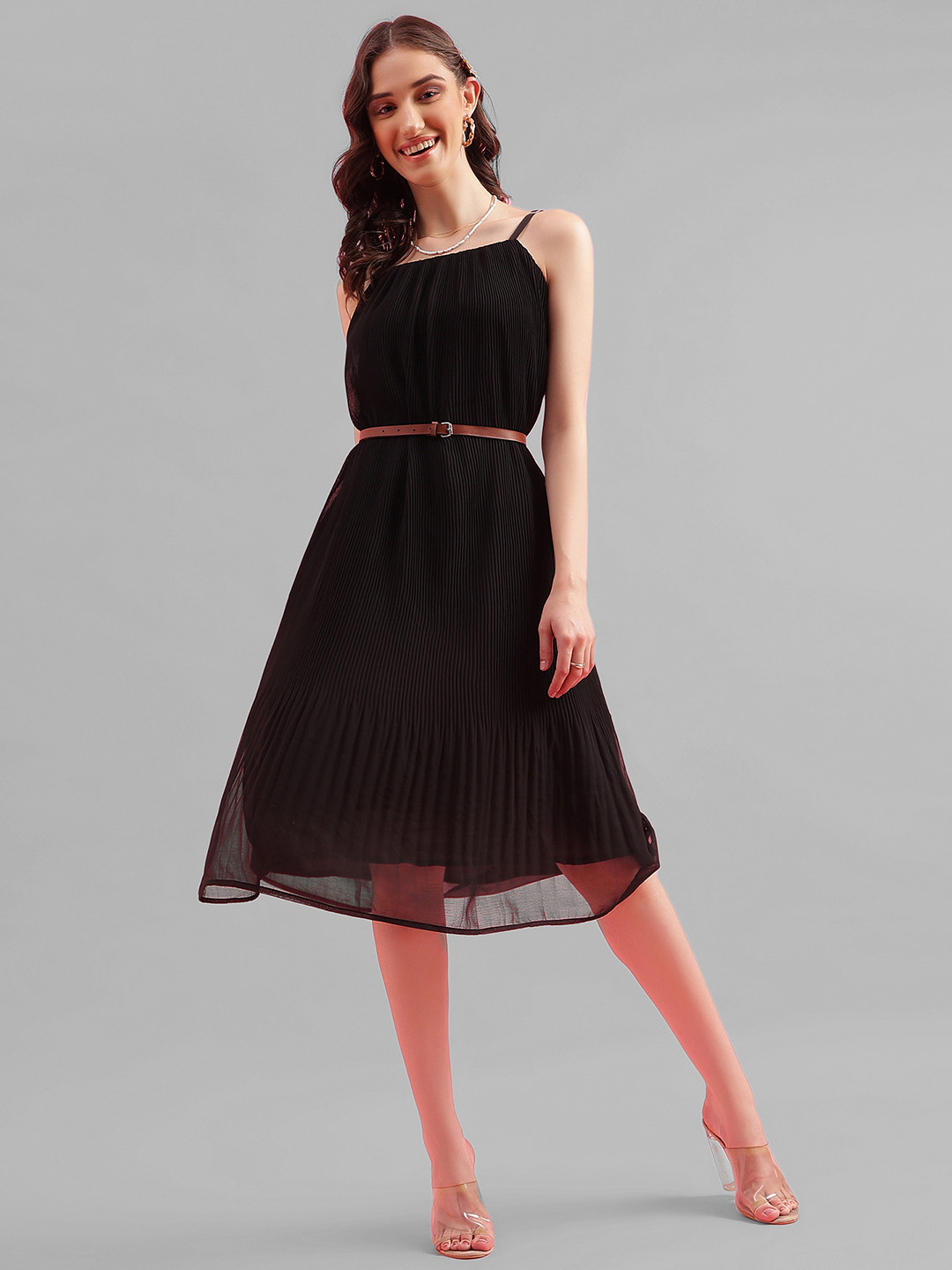 

Selvia Belt Detailed Shoulder Straps A-Line Dress, Black