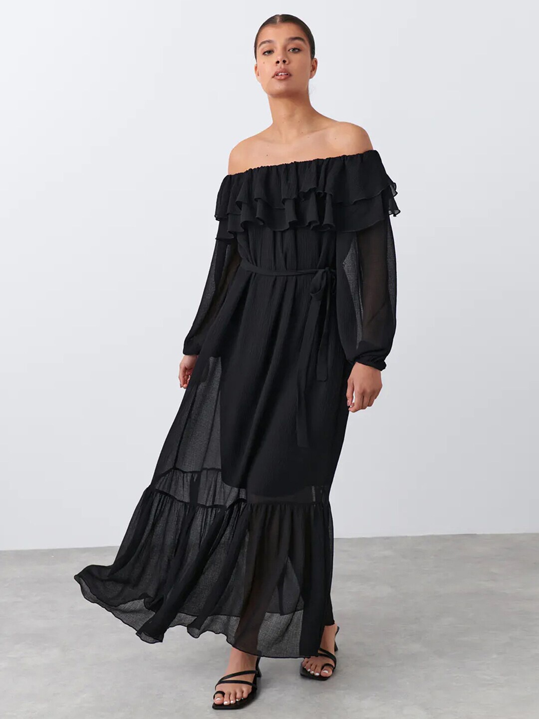 

Selvia Off-Shoulder Puff Sleeves Georgette Maxi Dress, Black