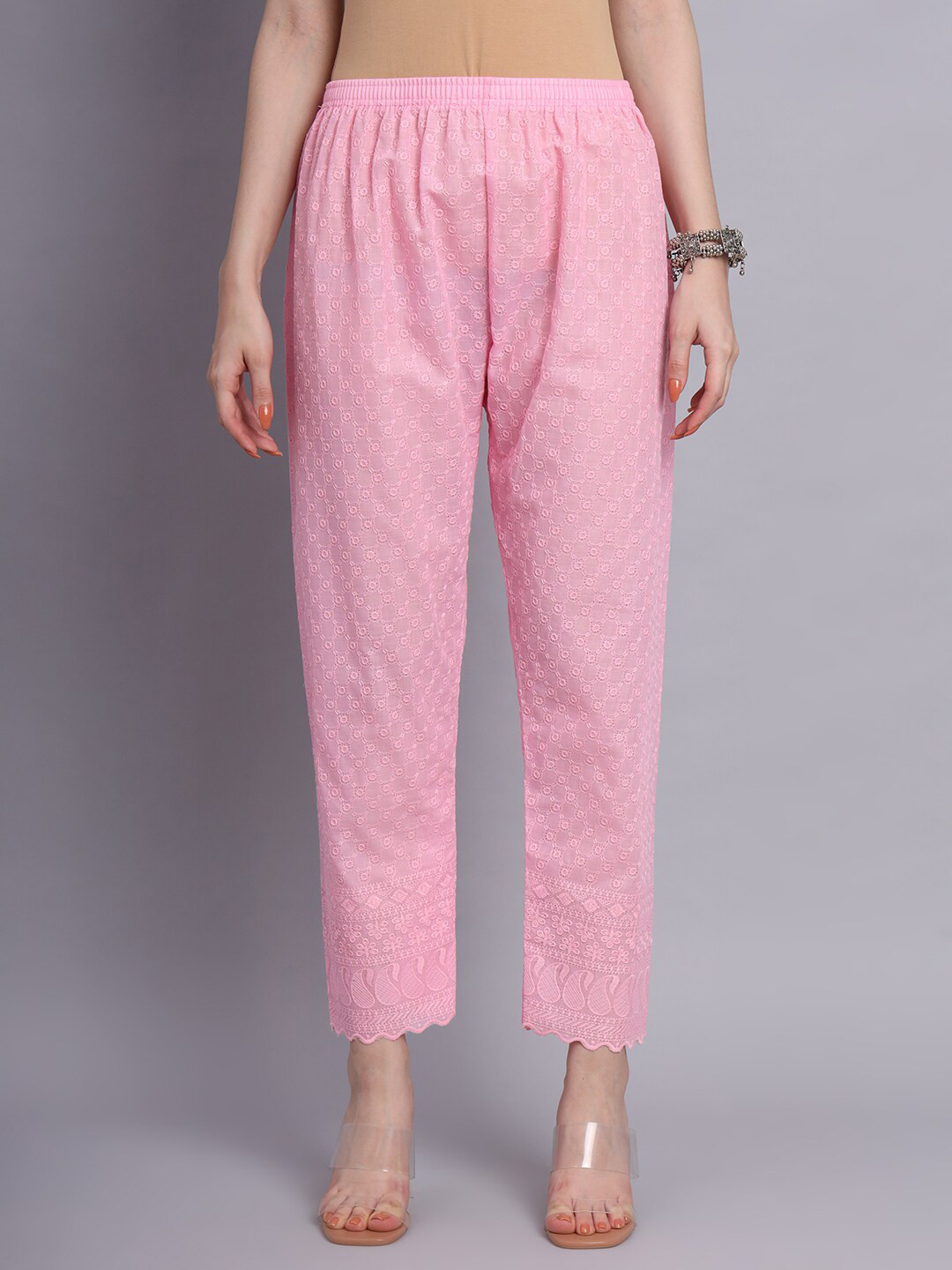

Vastraa Fusion Floral Embroidered Chikankari Cotton Straight Palazzos, Pink