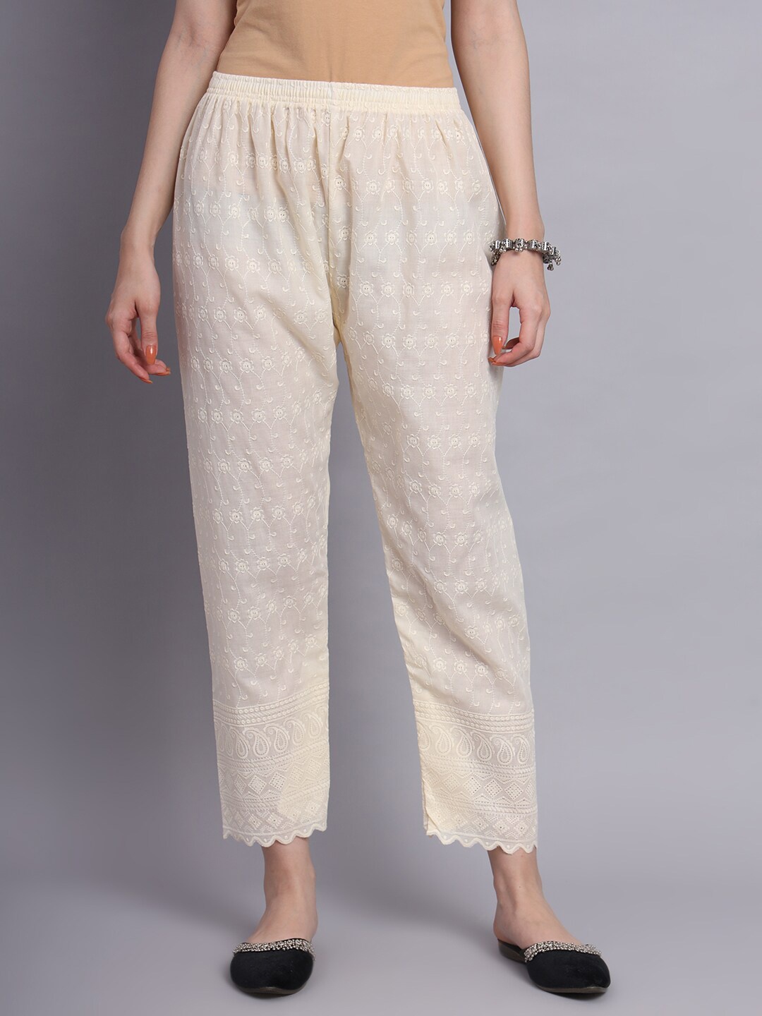 

Vastraa Fusion Women Floral Embroidered Flared Cotton Palazzos, Off white