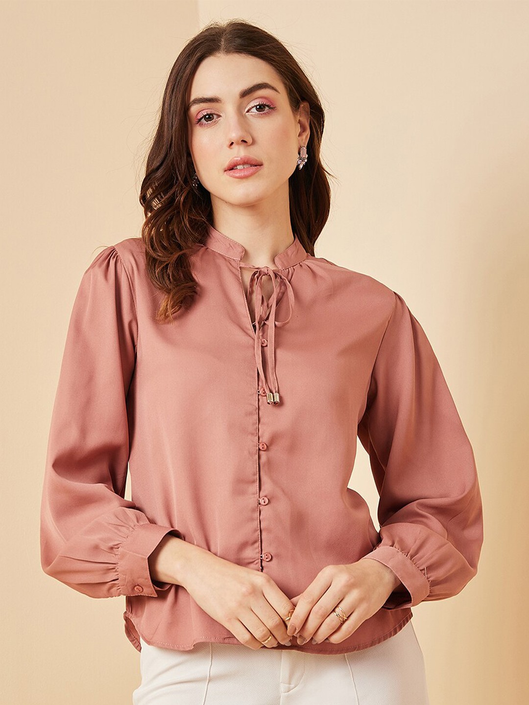 

Marie Claire Tie-Up Neck Long Sleeves Shirt Style Top, Pink