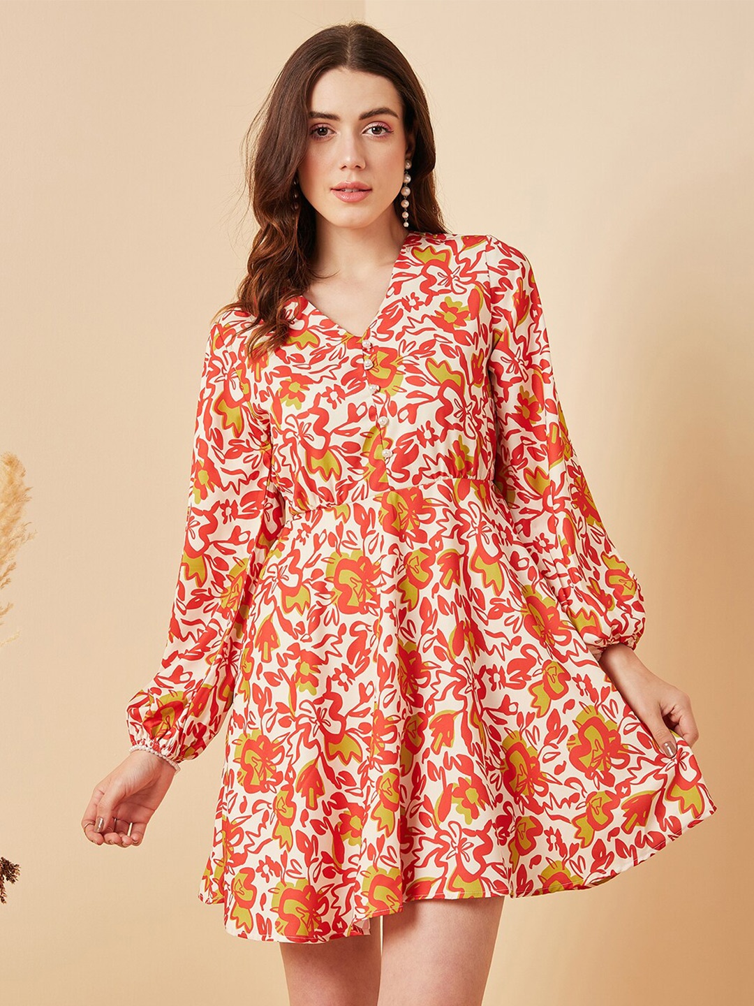 

Marie Claire Floral Printed V-Neck Fit & Flare Dress, Red