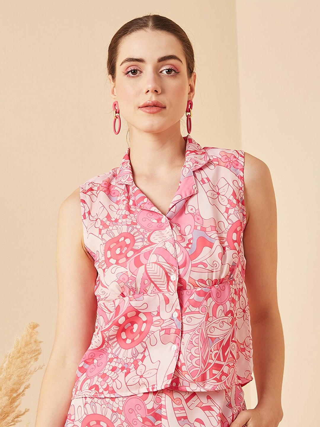 

Marie Claire Floral Printed Sleeveless Shirt Style Top, Pink