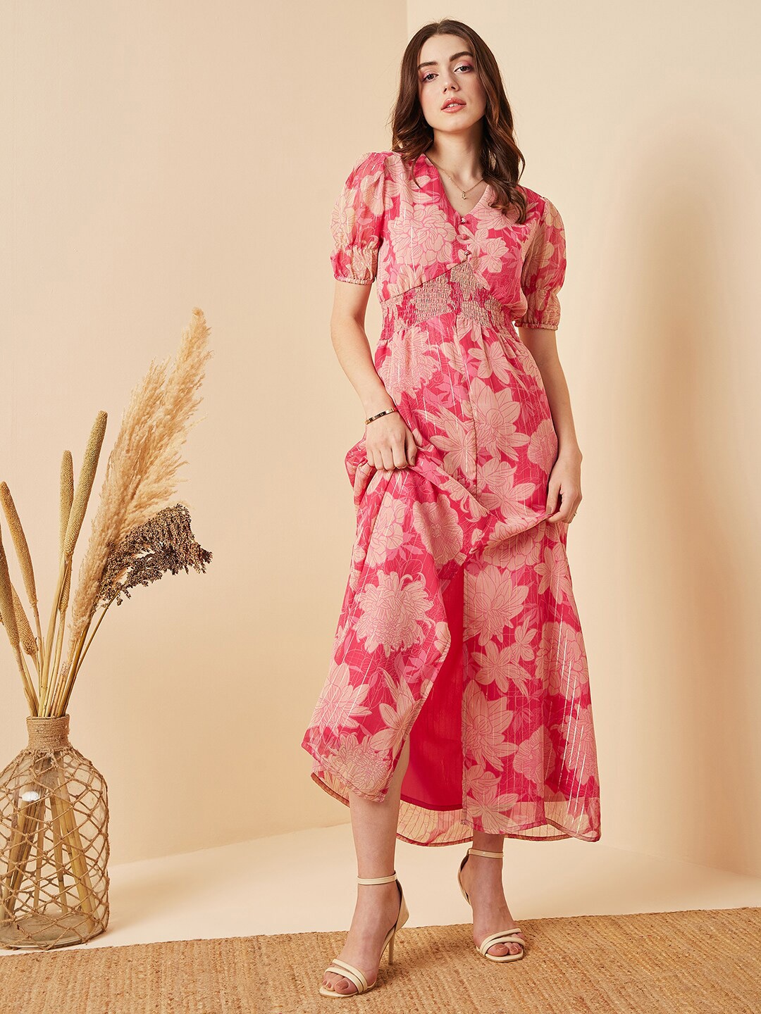 

Marie Claire Pink & Peach-Color Floral Printed Smocked Georgette A-Line Midi Dress