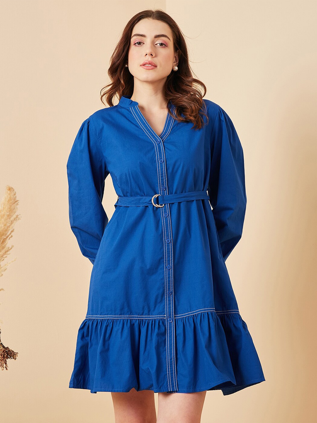 

Marie Claire Blue Puff Sleeves Belted A-Line Cotton Dress