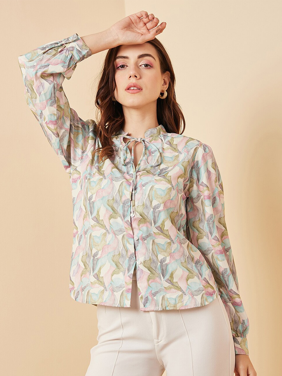 

Marie Claire Floral Printed Tie-Up Neck Shirt Style Top, Beige