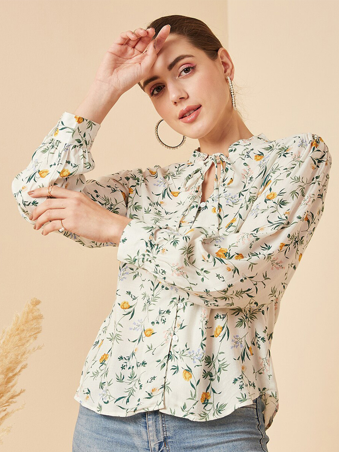 

Marie Claire Floral Printed Tie-Up Neck Shirt Style Top, Off white