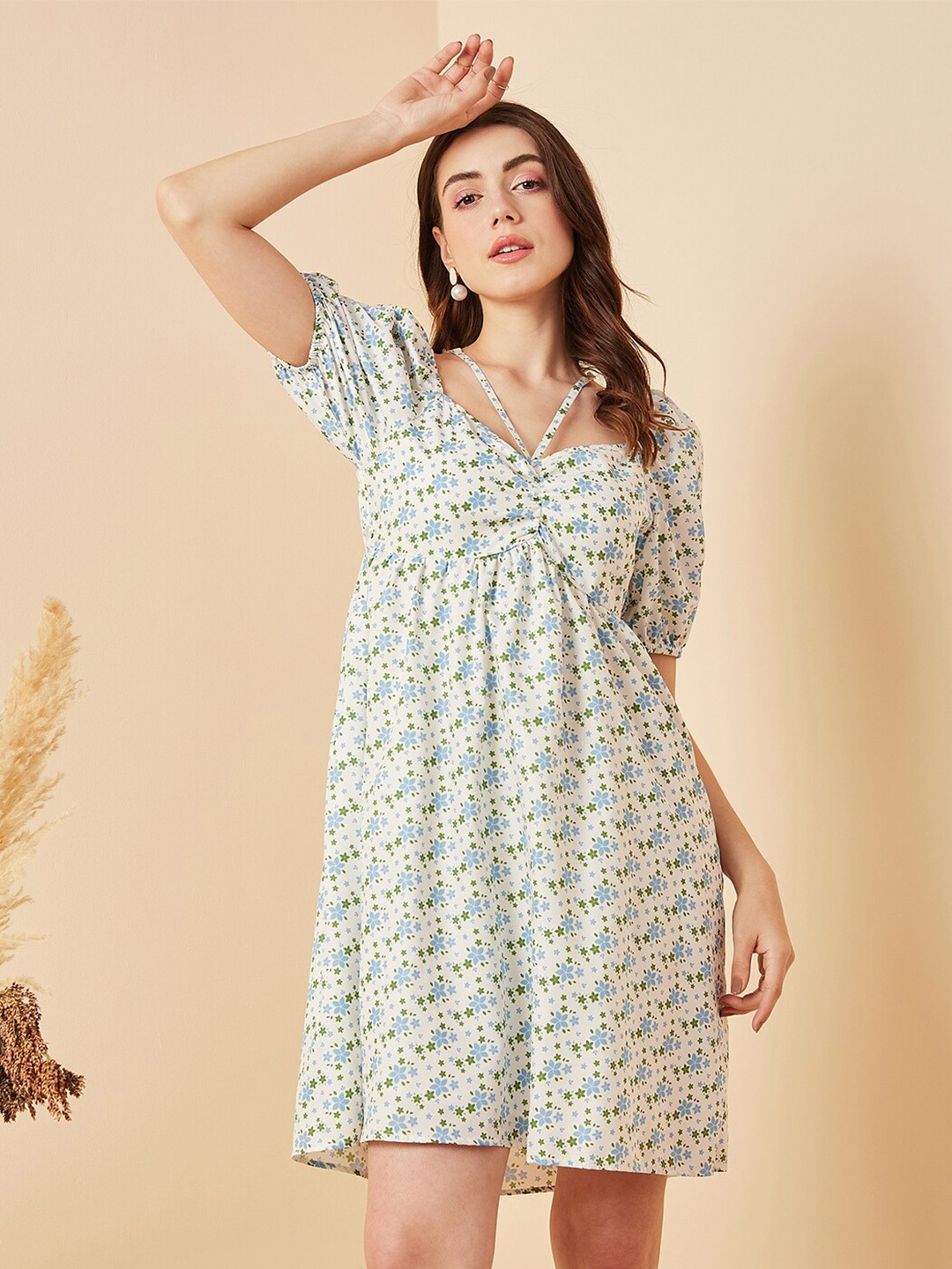 

Marie Claire White & Blue Floral Printed Puff Sleeves A-Line Dress