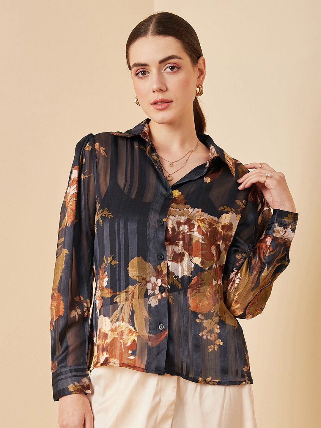 

Marie Claire Floral Printed Semi Sheer Satin Casual Shirt, Black