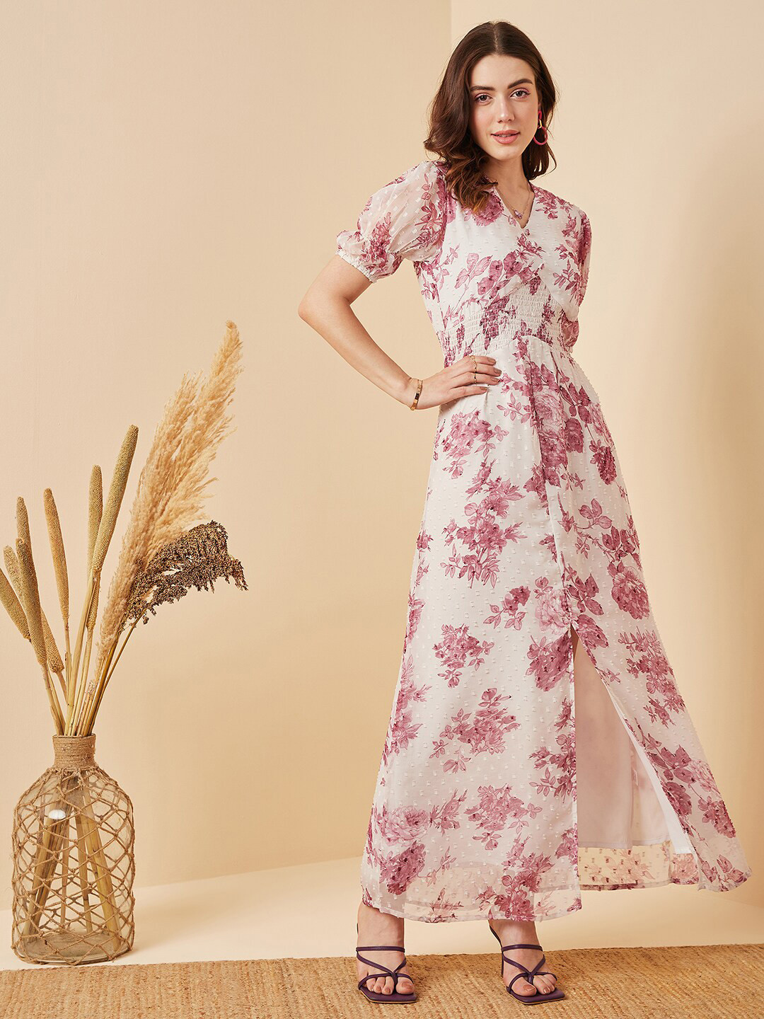 

Marie Claire Floral Printed Puff Sleeves Georgette A-line Maxi Dress, White