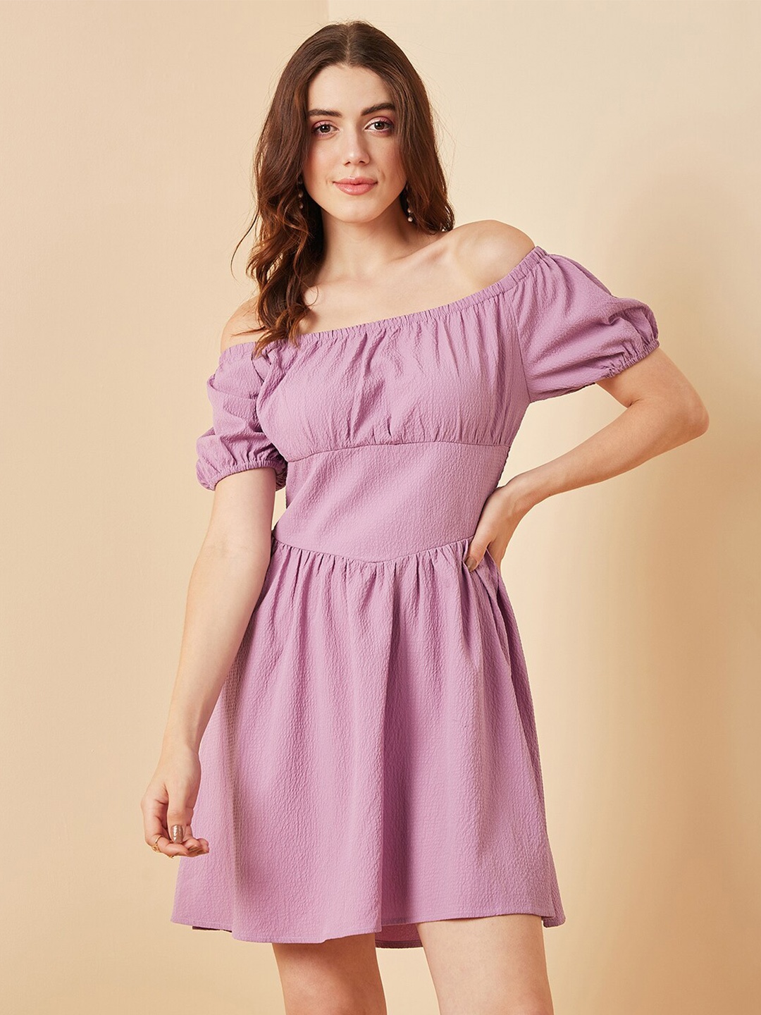 

Marie Claire Off-Shoulder Puff Sleeve Fit & Flare Dress, Lavender